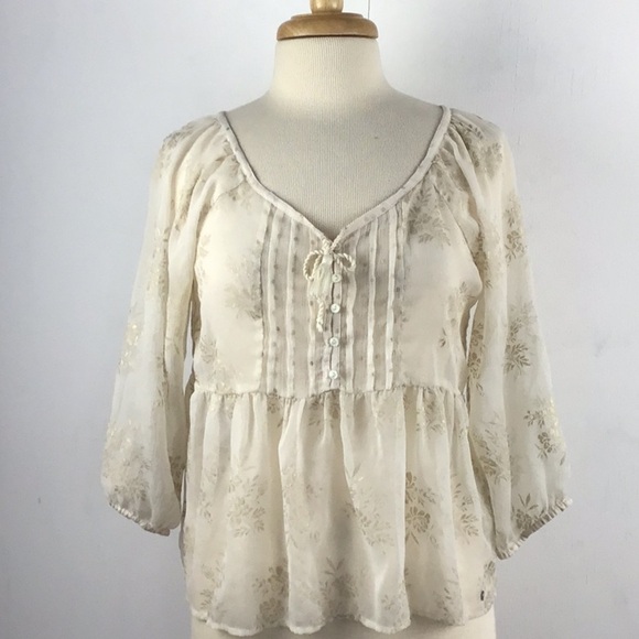 Abercrombie & Fitch boho sheer babydoll puff sleeve gold print blouse sz small. - Picture 1 of 9